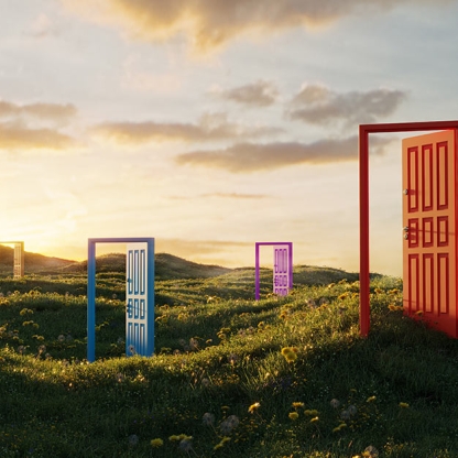 image of a selection of opened doors on a field of rolling hills
